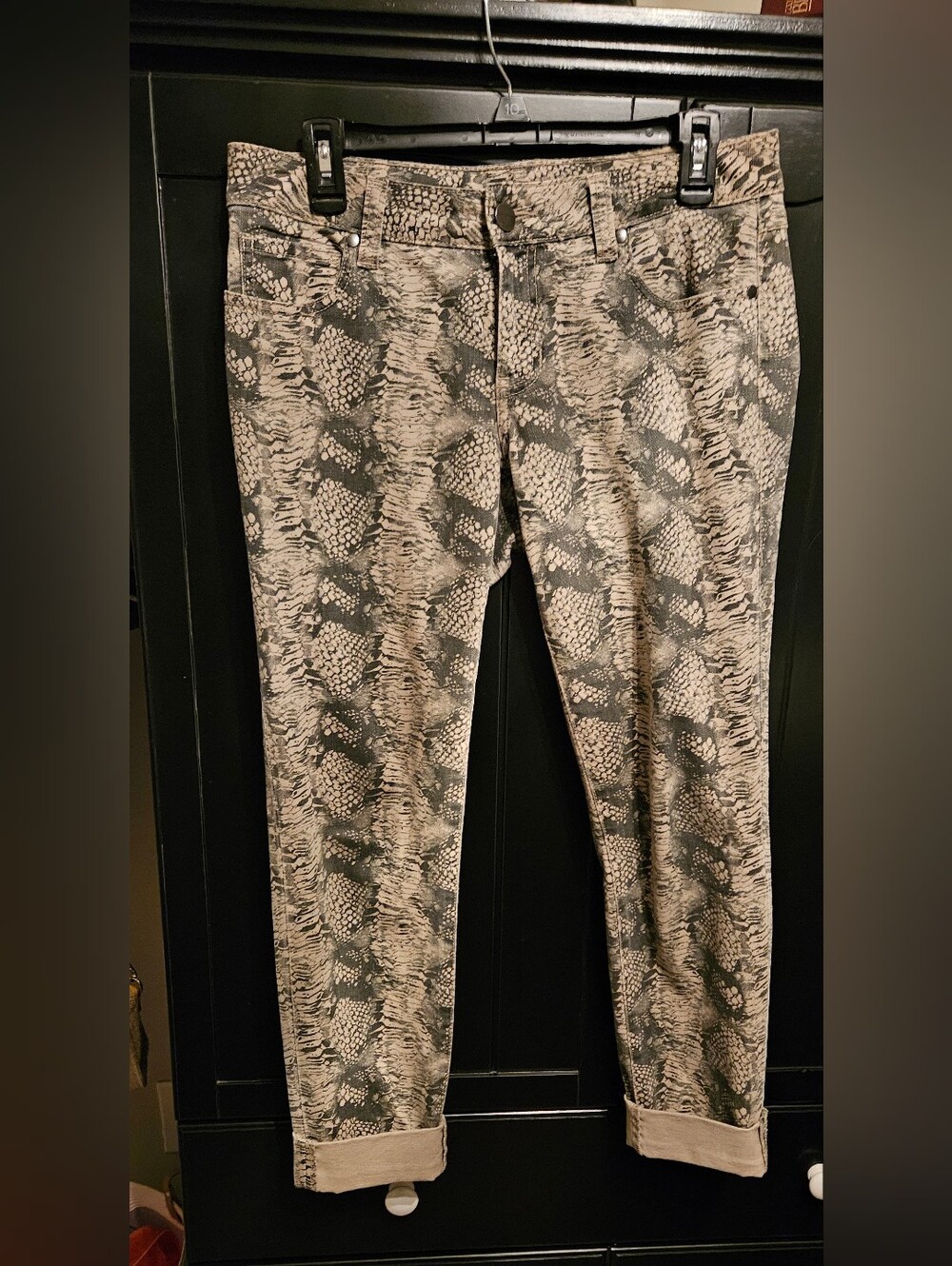 CAbi Snake-Print Skinny Jeans in Olive and Cream